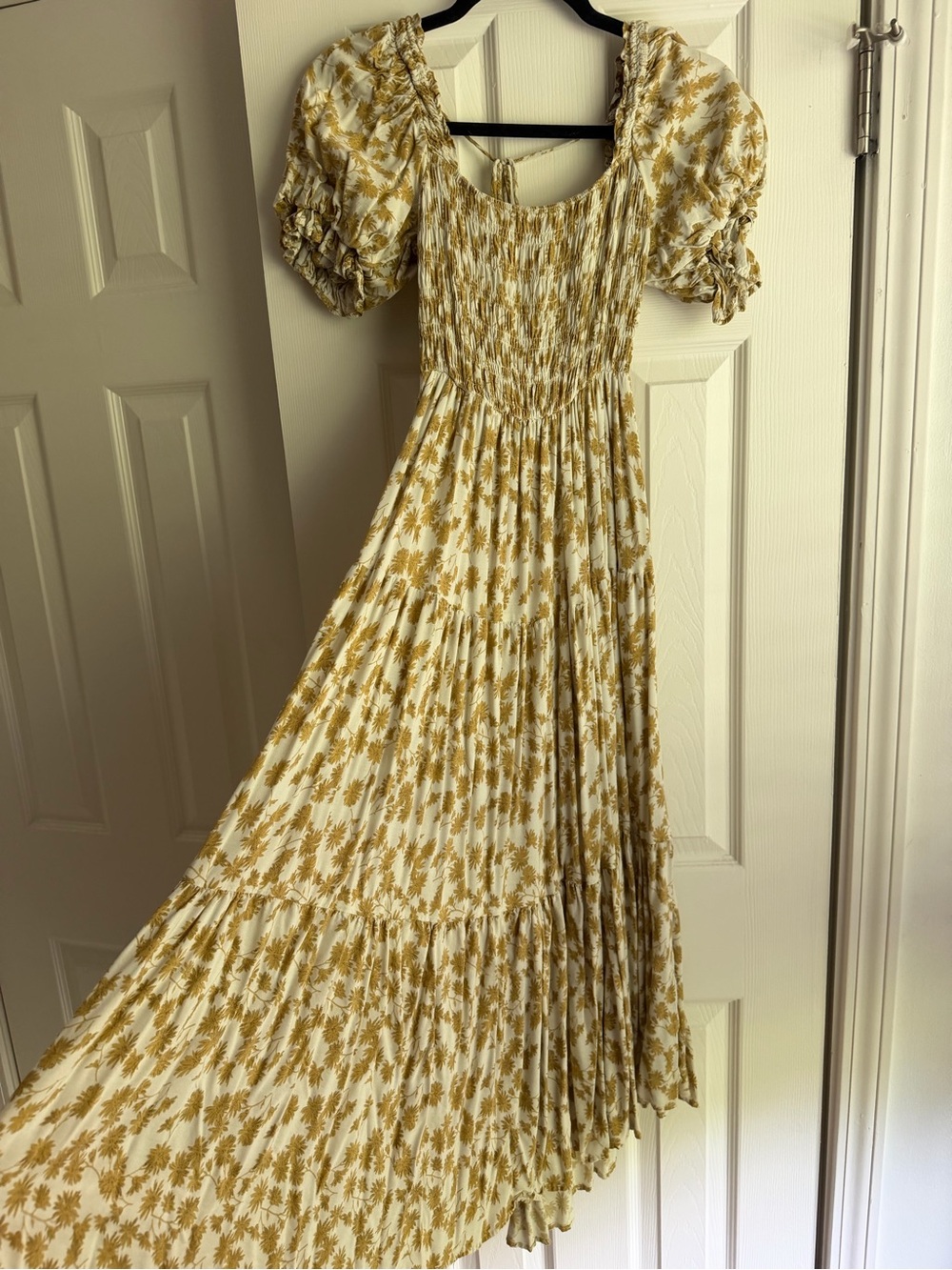Smocked Puff Sleeve Maxi Dress in Mustard Floral